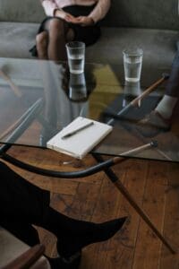 woman on grey couch, another woman on a chair across a glass table with glasses of water, small notepad and pen, professional
